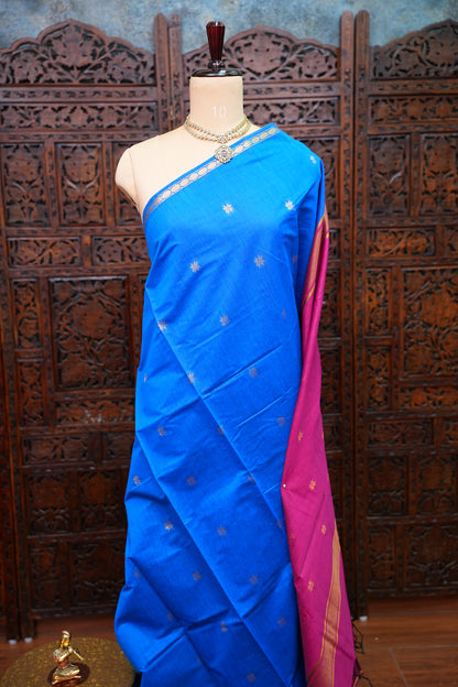 Maheshwari Silk Cotton Saree | Blue With Pink
