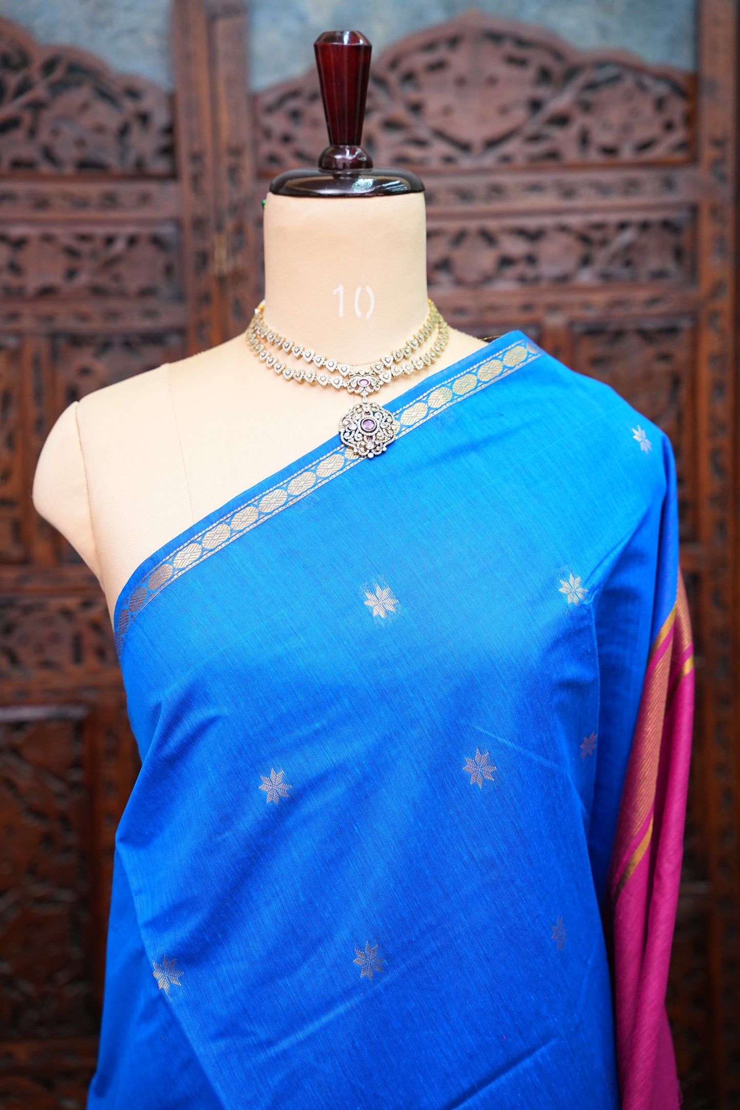 Maheshwari Silk Cotton Saree | Blue With Pink