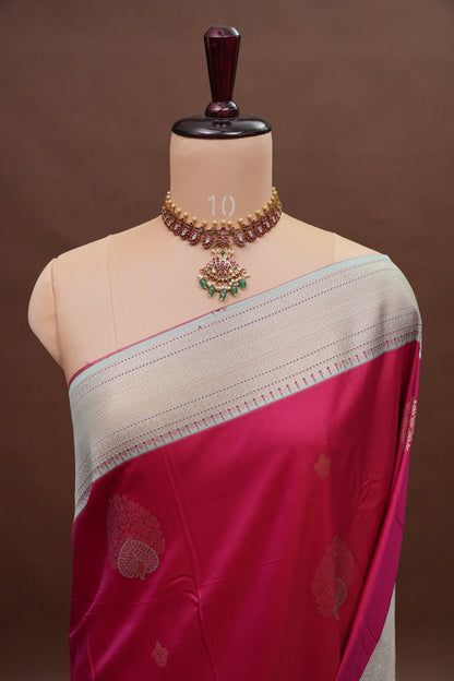 Pink Semi Silk Saree with Ice Blue Zari Border