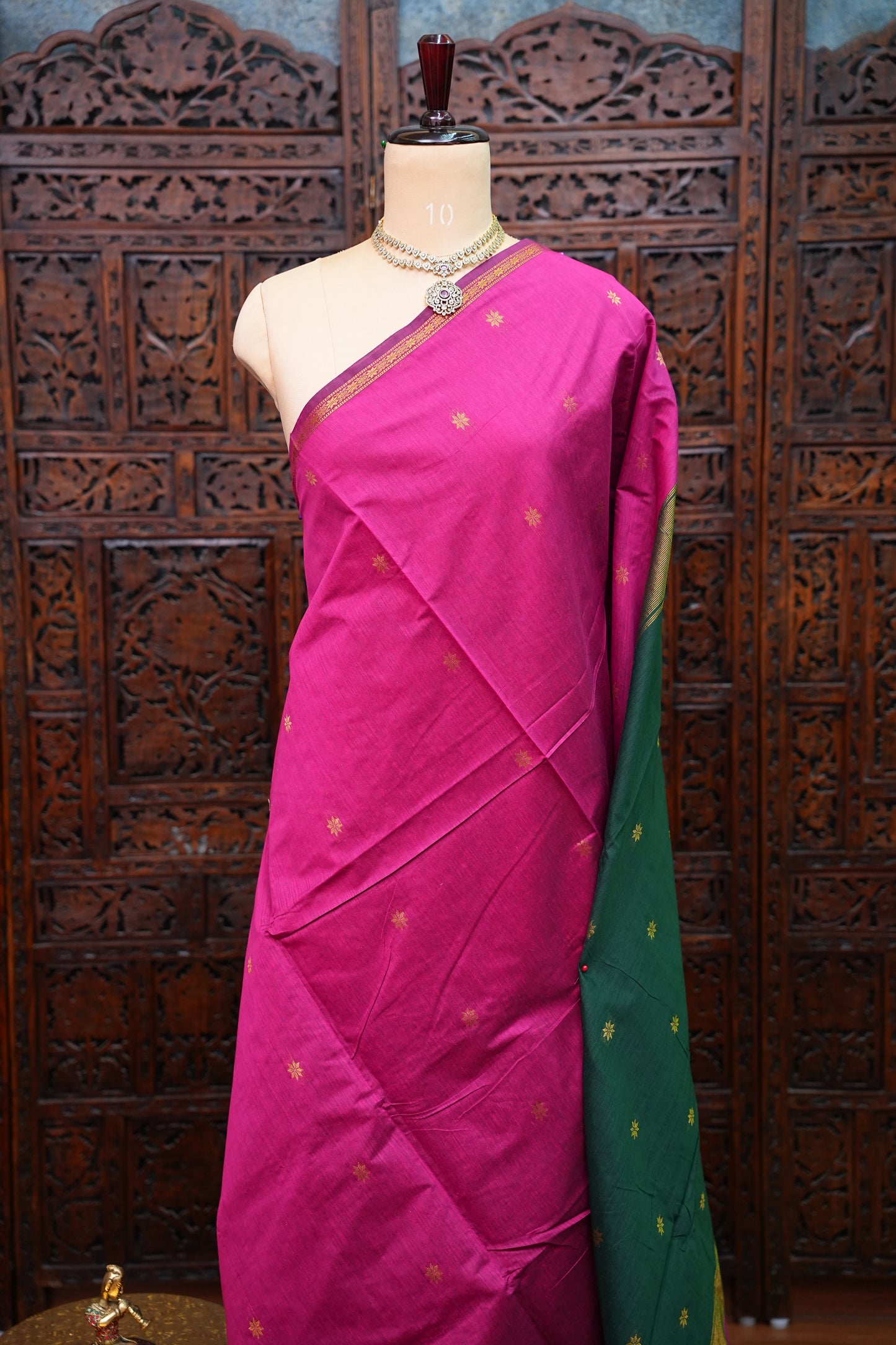 Maheshwari Silk Cotton Saree | Emerald Green With Pink