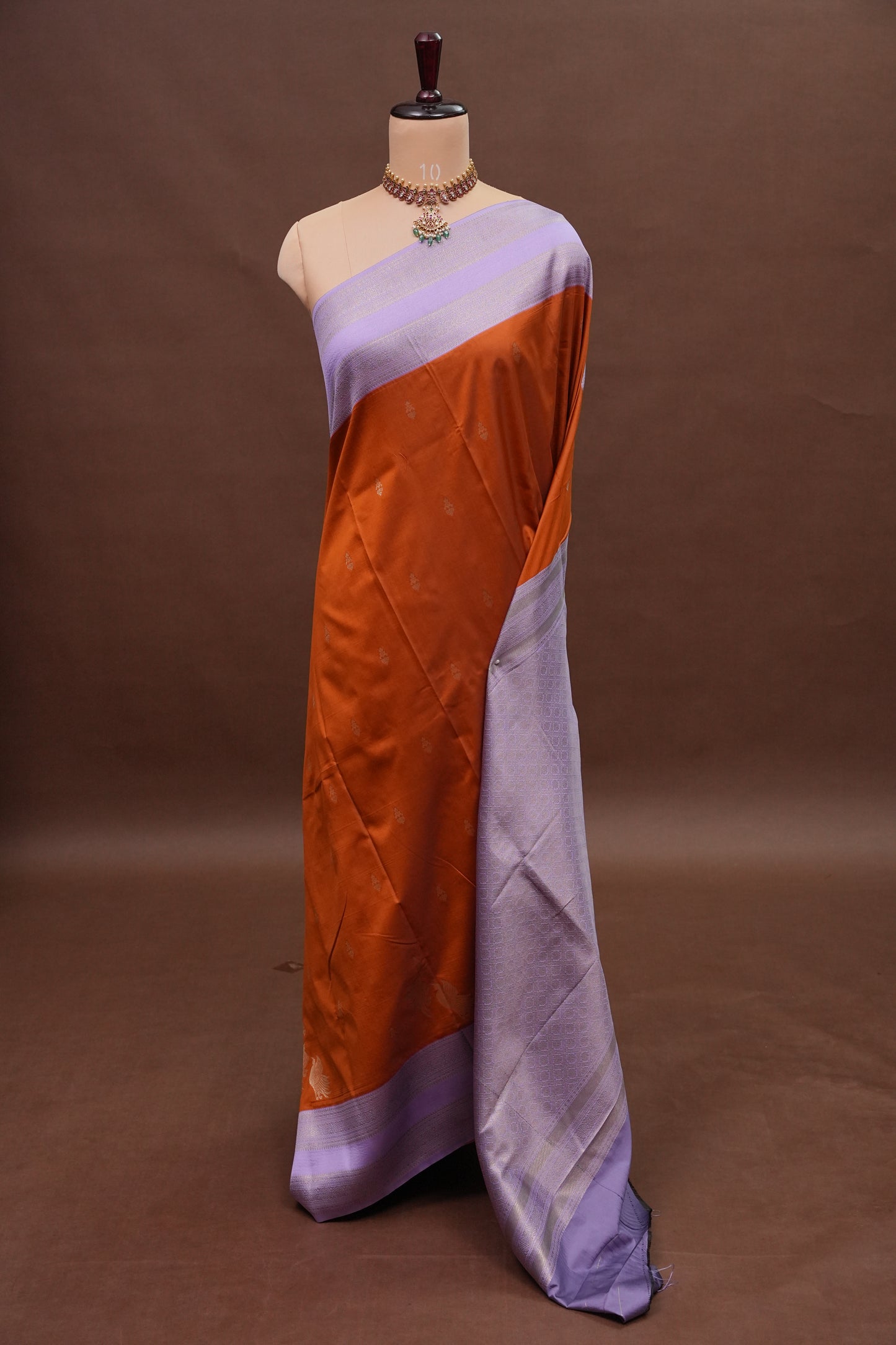 Rust Semi Silk Saree with Lavender Zari Border