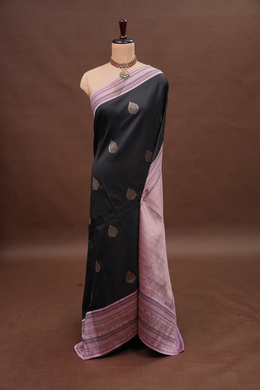 Black Semi Silk Saree with Pink Vintage Zari Border