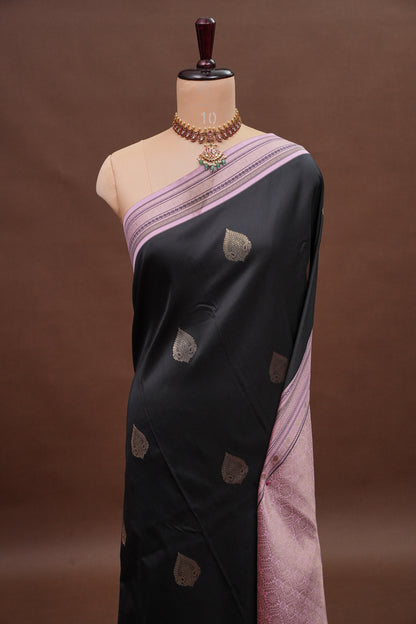 Black Semi Silk Saree with Pink Vintage Zari Border