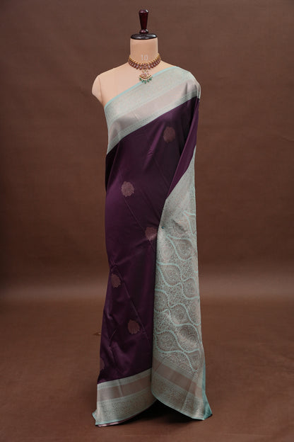 Deep Purple Semi Silk Saree with Sea Green Zari Border