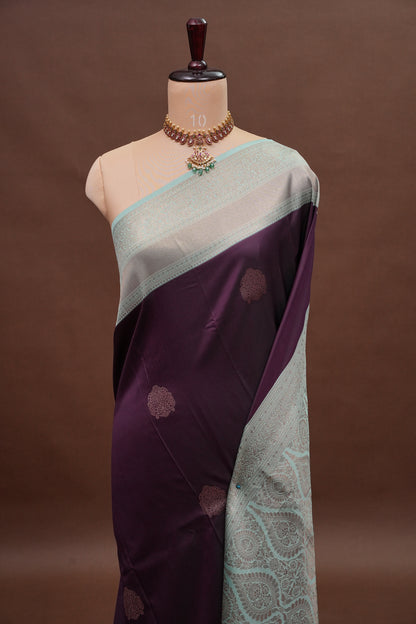 Deep Purple Semi Silk Saree with Sea Green Zari Border