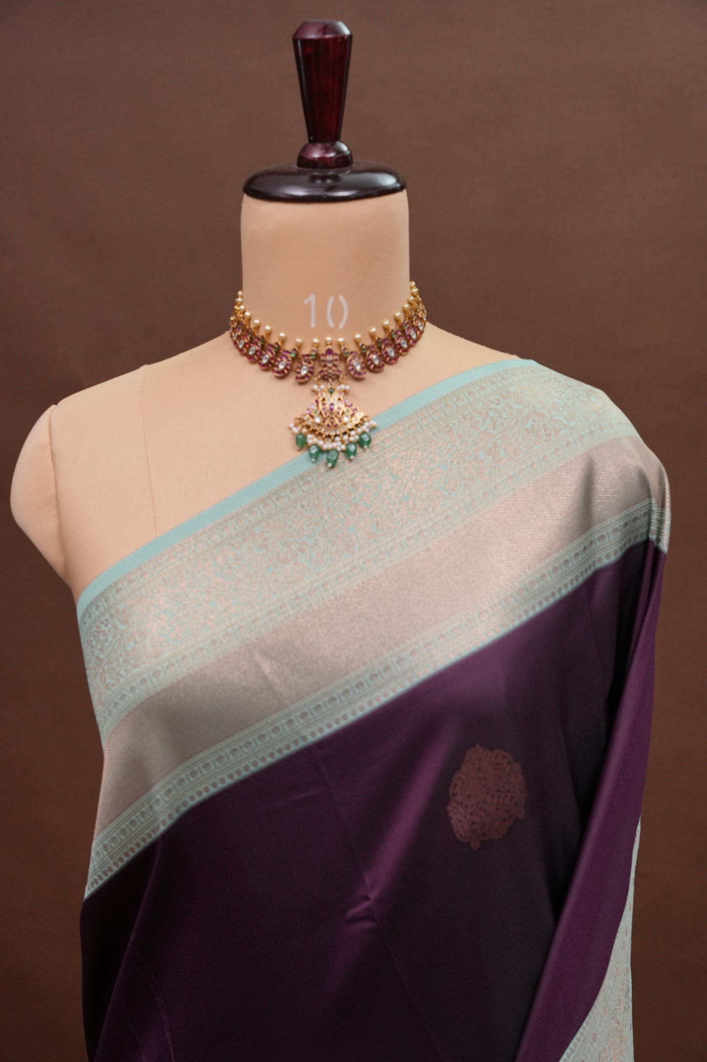 Deep Purple Semi Silk Saree with Sea Green Zari Border