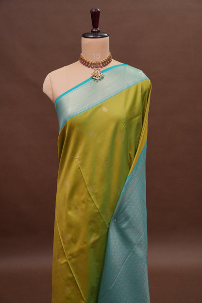 Lime Green Semi Silk Saree with Aqua Blue Silver Zari Border