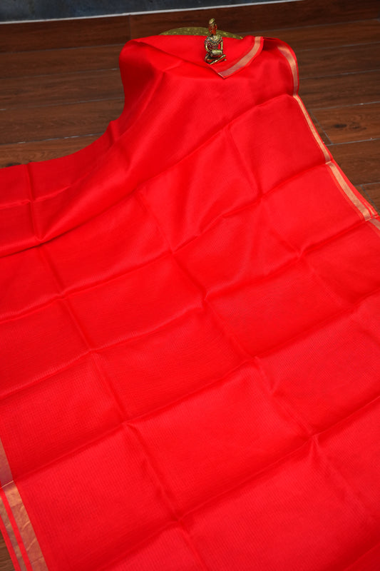Silk Kota Plain Saree - Bright Red