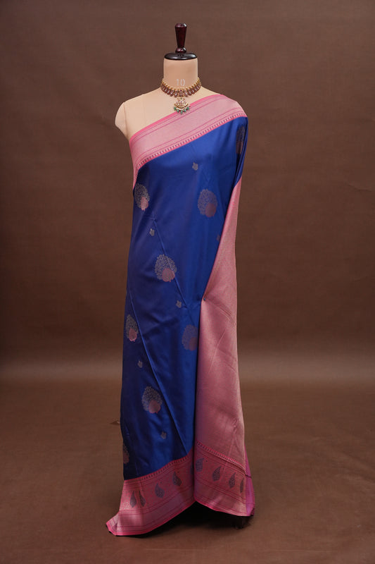 Royal Blue Semi Silk Saree with Pink Zari Border