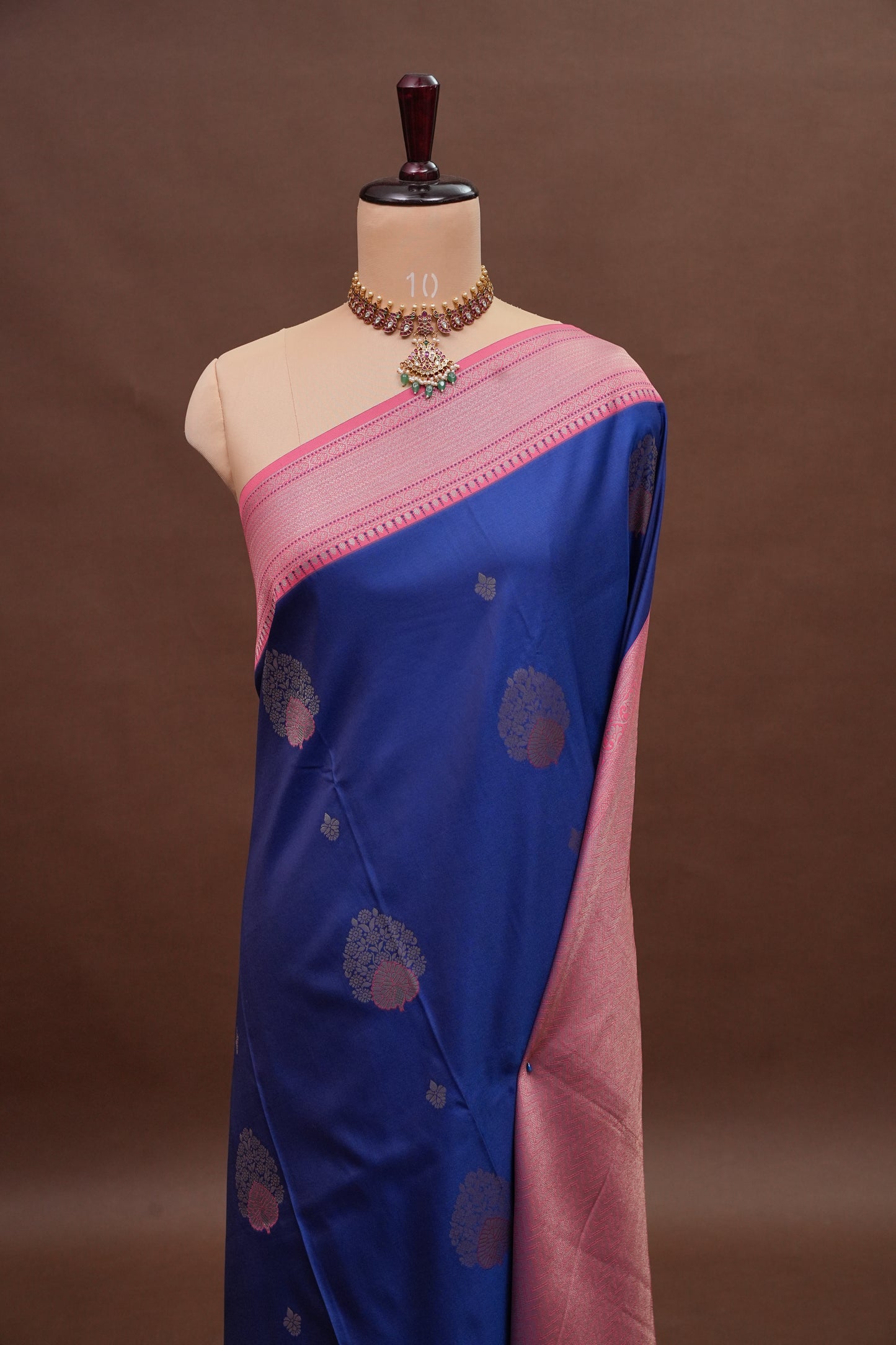 Royal Blue Semi Silk Saree with Pink Zari Border