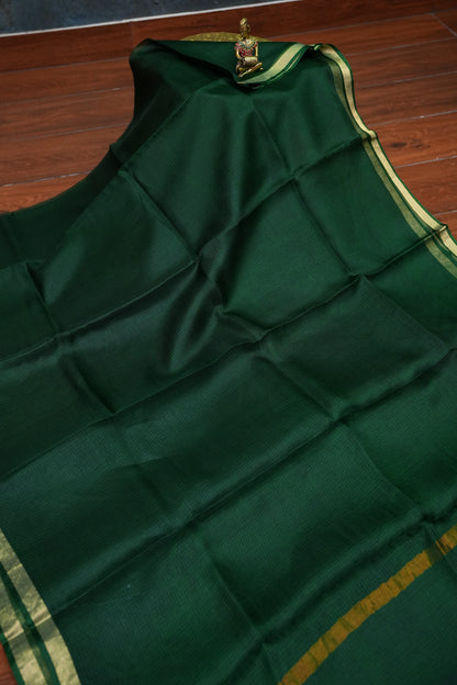 Silk Kota Plain Saree - Bottle Green