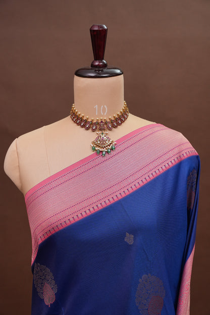Royal Blue Semi Silk Saree with Pink Zari Border
