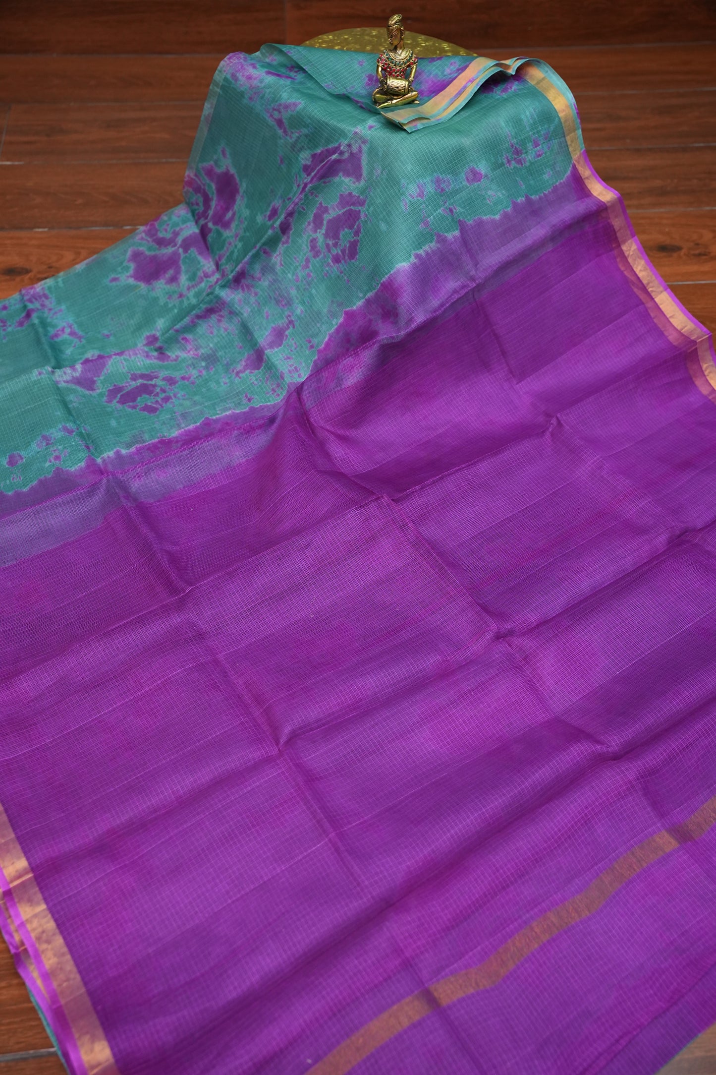 Silk Kota Shibori Tie & Dye Saree - Blue and Pink