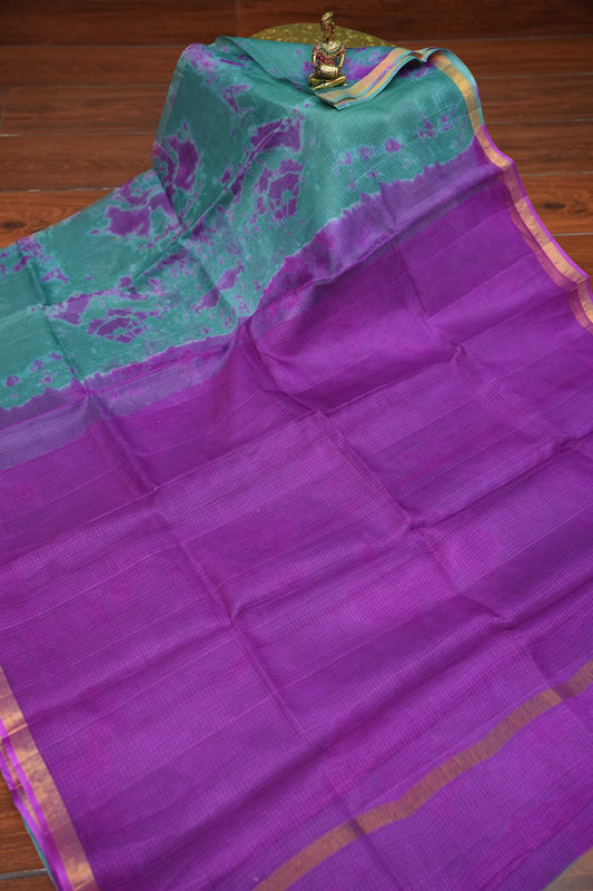Silk Kota Shibori Tie & Dye Saree - Blue and Pink