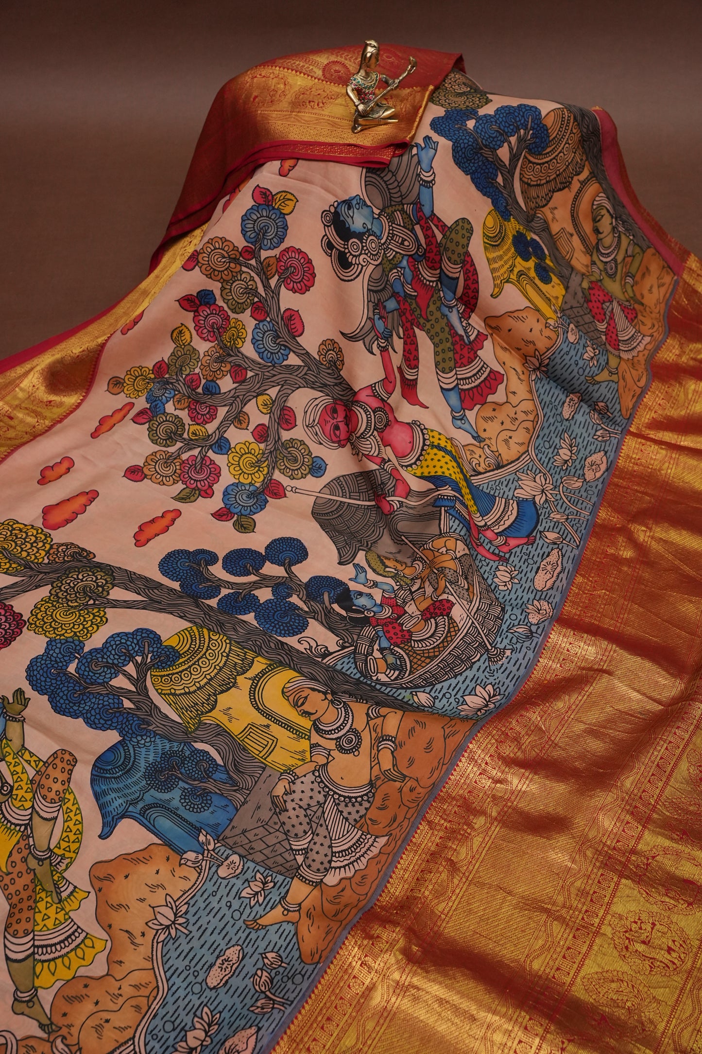 Handpainted Pen Kalamkari Pure Kanchipuram Silk Saree|Silk Mark Certified