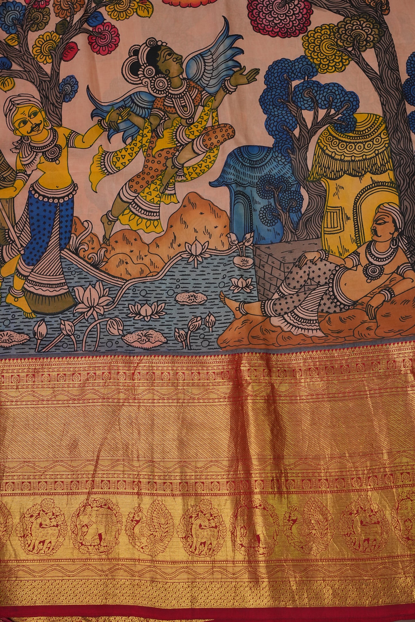 Handpainted Pen Kalamkari Pure Kanchipuram Silk Saree|Silk Mark Certified