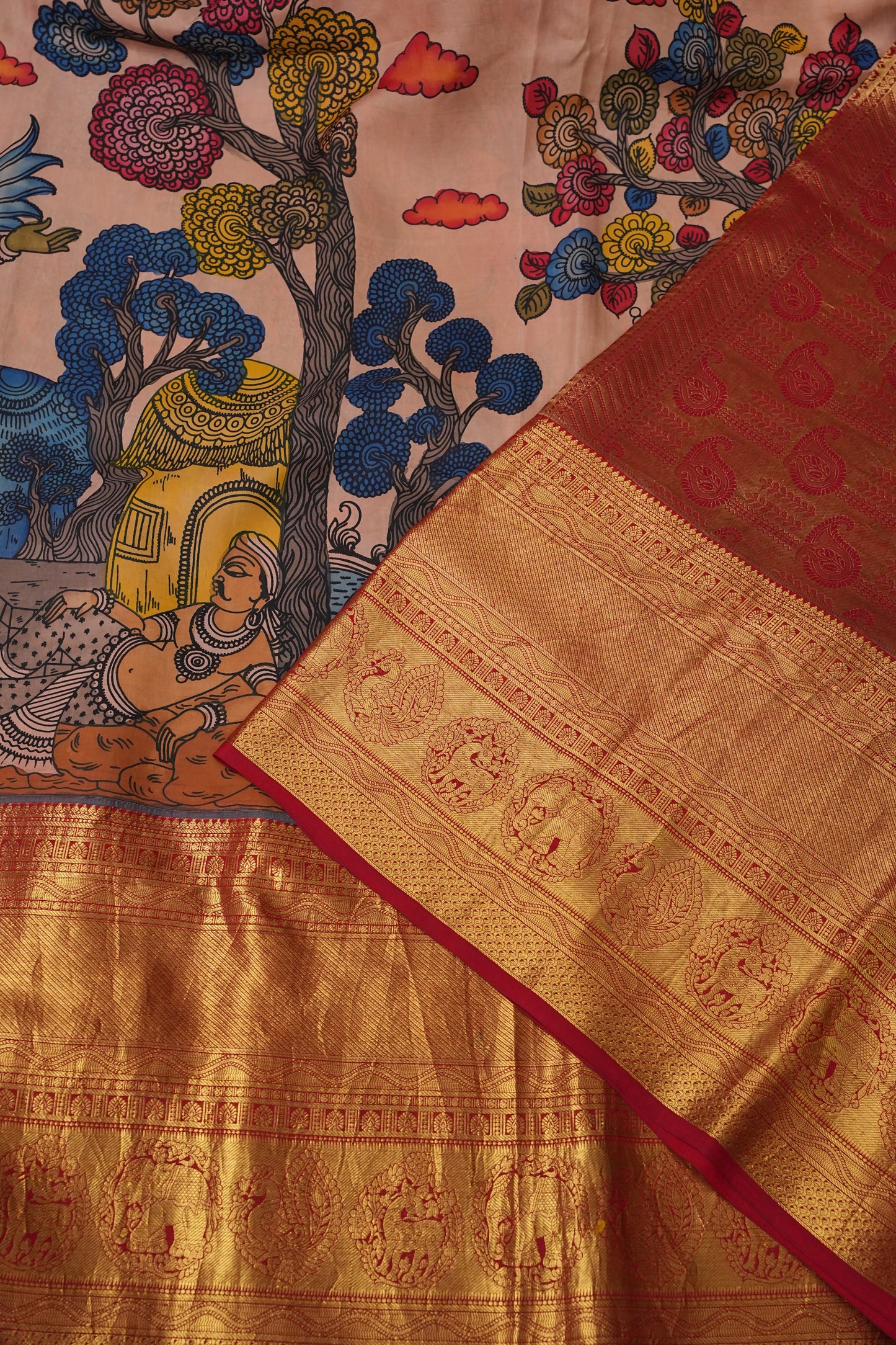 Handpainted Pen Kalamkari Pure Kanchipuram Silk Saree|Silk Mark Certified