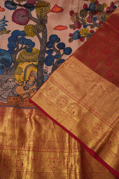 Handpainted Pen Kalamkari Pure Kanchipuram Silk Saree|Silk Mark Certified