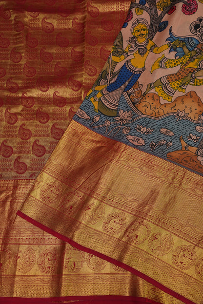 Handpainted Pen Kalamkari Pure Kanchipuram Silk Saree|Silk Mark Certified