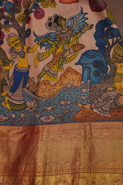 Handpainted Pen Kalamkari Pure Kanchipuram Silk Saree|Silk Mark Certified