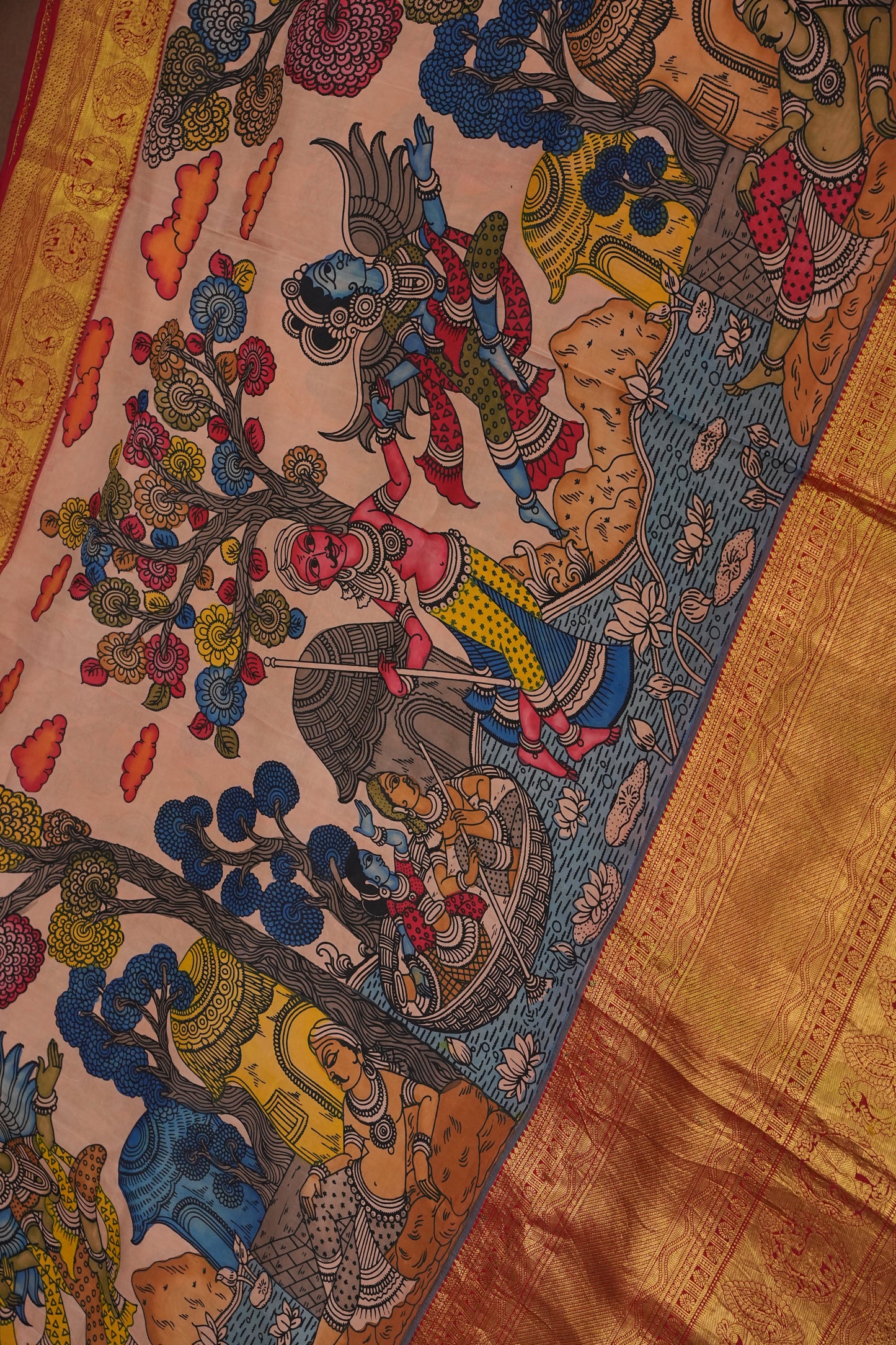 Handpainted Pen Kalamkari Pure Kanchipuram Silk Saree|Silk Mark Certified