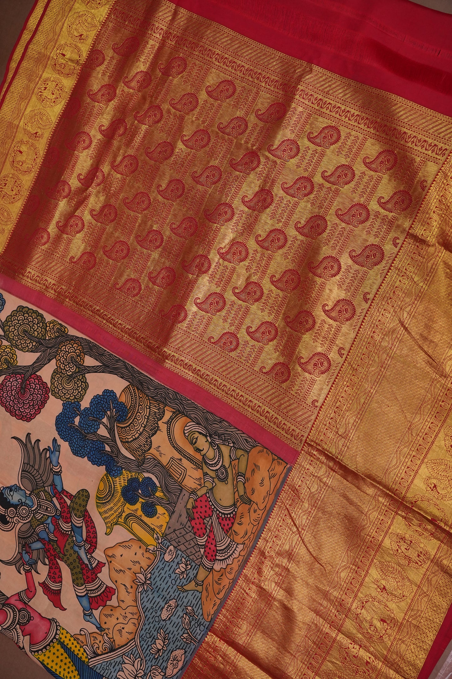 Handpainted Pen Kalamkari Pure Kanchipuram Silk Saree|Silk Mark Certified