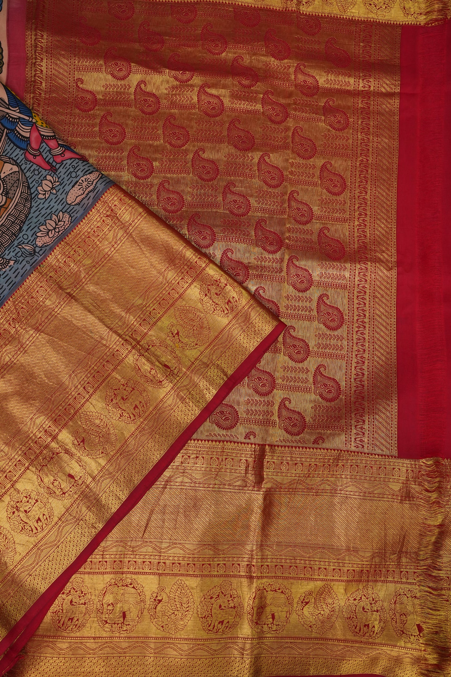 Handpainted Pen Kalamkari Pure Kanchipuram Silk Saree|Silk Mark Certified