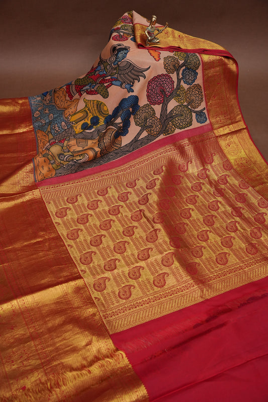 Handpainted Pen Kalamkari Pure Kanchipuram Silk Saree|Silk Mark Certified