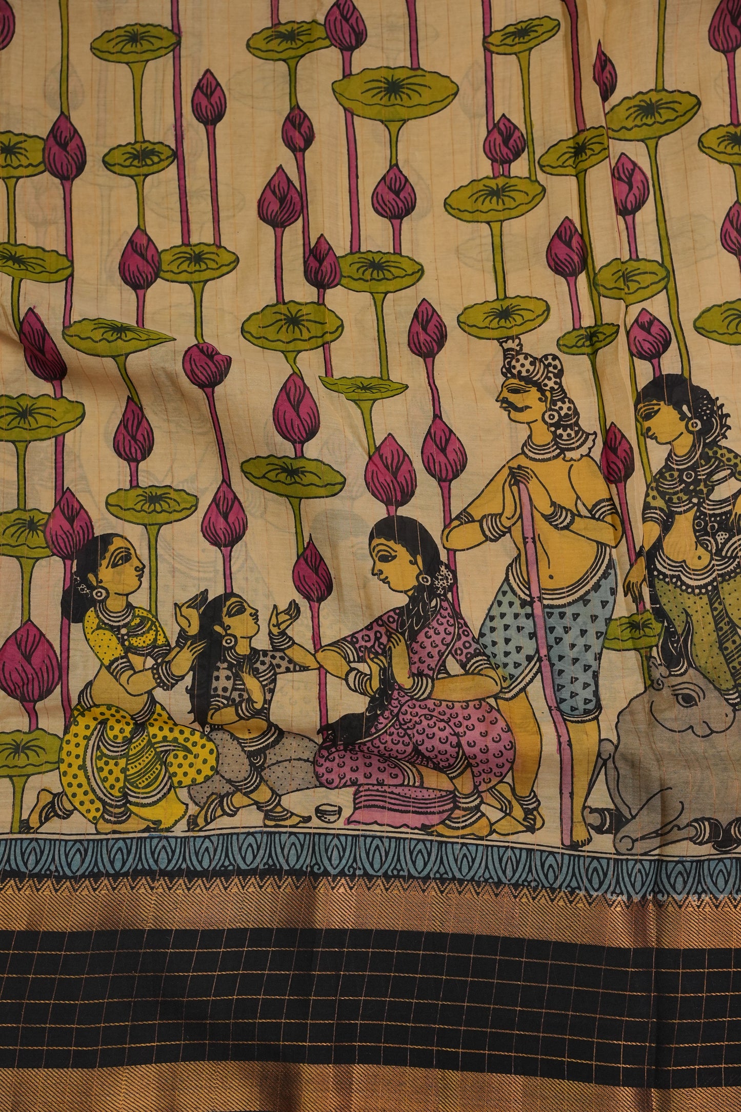 Handpainted Pen Kalamkari Bangalore Silk Saree – Beige & Black