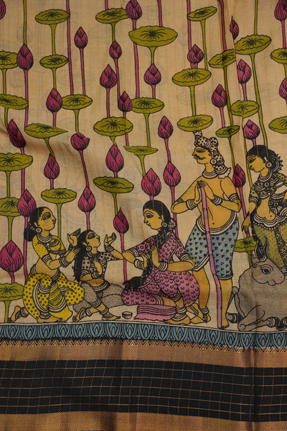 Handpainted Pen Kalamkari Bangalore Silk Saree – Beige & Black