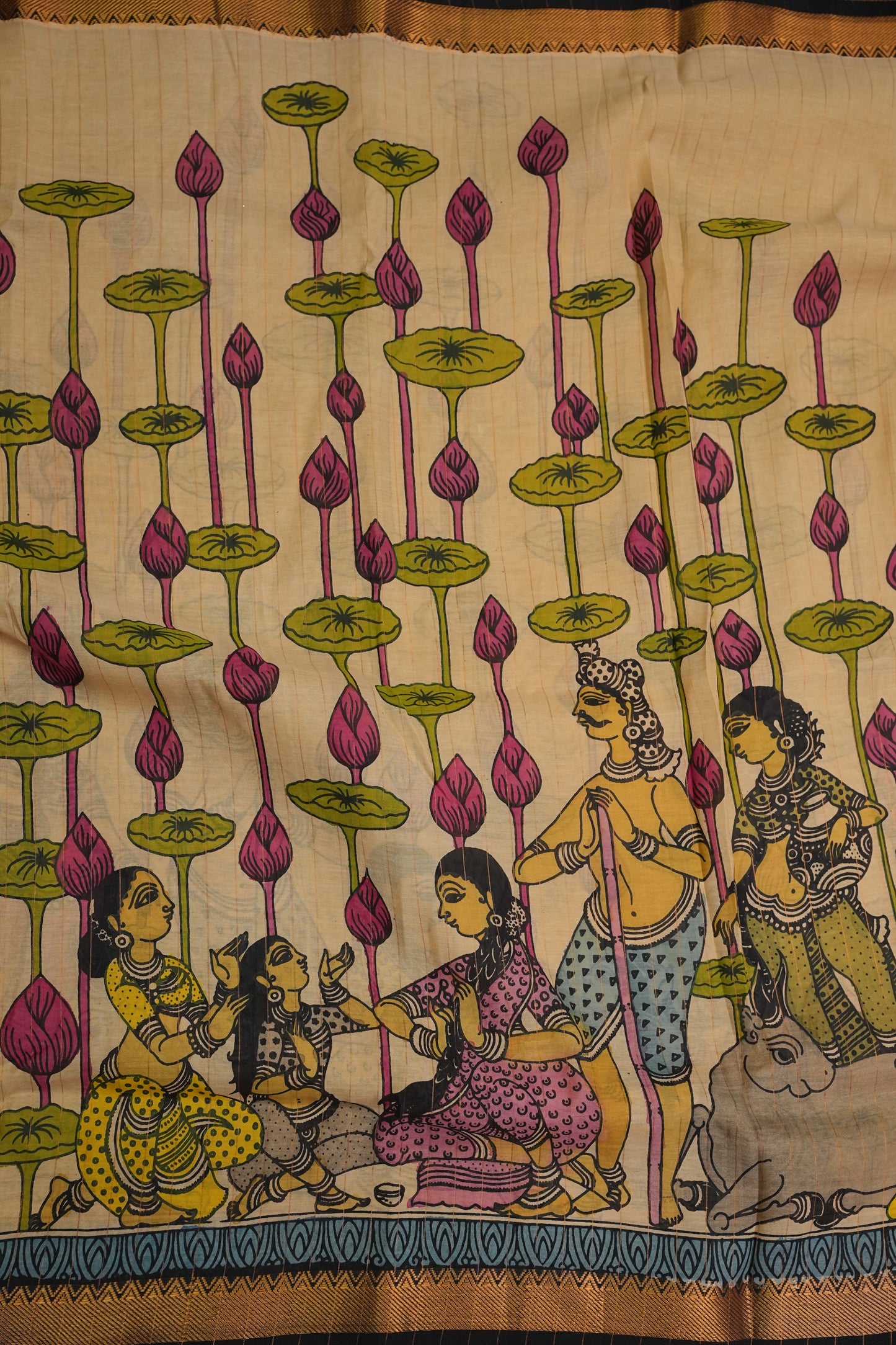 Handpainted Pen Kalamkari Bangalore Silk Saree – Beige & Black