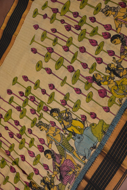 Handpainted Pen Kalamkari Bangalore Silk Saree – Beige & Black