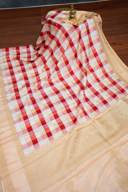 Munga Crepe Silk Saree – Multicolour Checks with Champagne Gold Zari Pallu