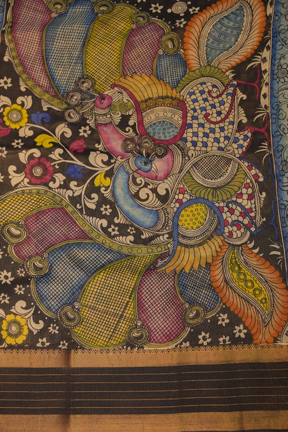 Handpainted Pen Kalamkari Bangalore Silk Saree – Beige & Black