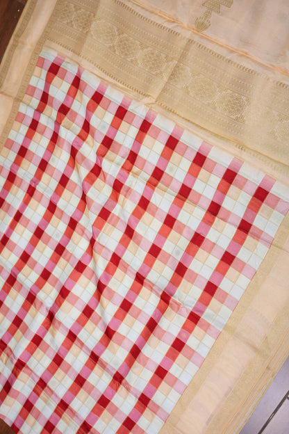 Munga Crepe Silk Saree – Multicolour Checks with Champagne Gold Zari Pallu