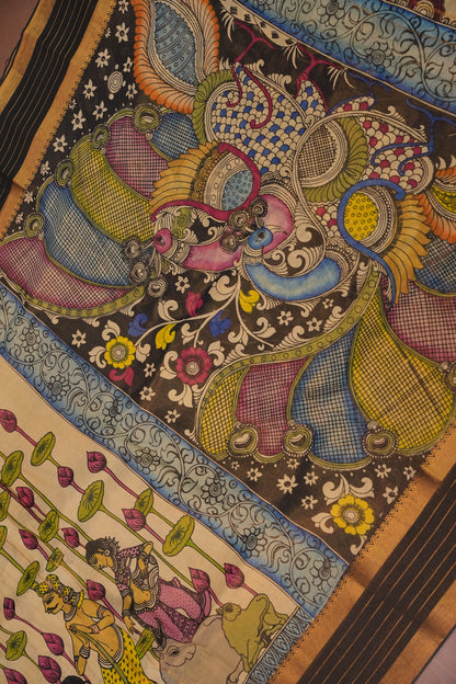 Handpainted Pen Kalamkari Bangalore Silk Saree – Beige & Black