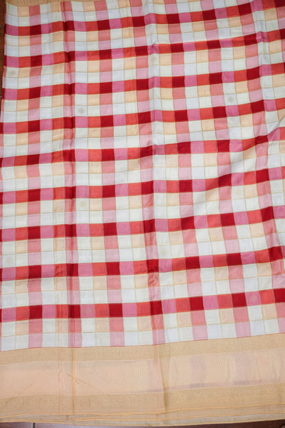 Munga Crepe Silk Saree – Multicolour Checks with Champagne Gold Zari Pallu