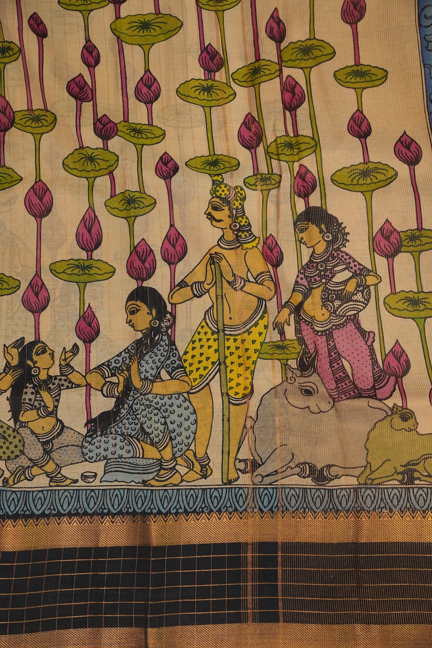 Handpainted Pen Kalamkari Bangalore Silk Saree – Beige & Black