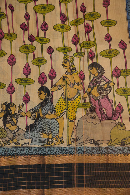 Handpainted Pen Kalamkari Bangalore Silk Saree – Beige & Black