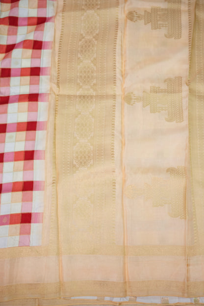 Munga Crepe Silk Saree – Multicolour Checks with Champagne Gold Zari Pallu
