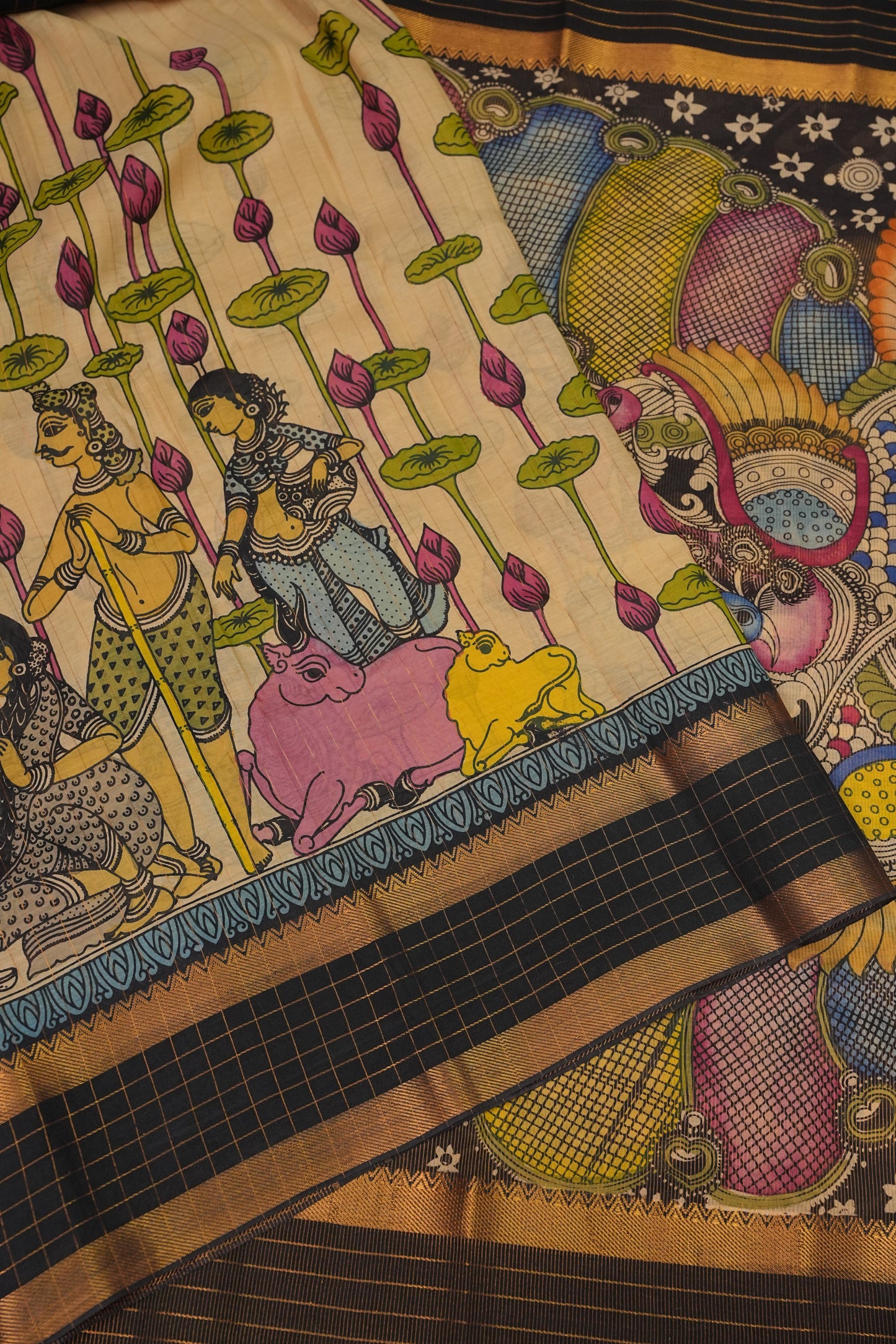 Handpainted Pen Kalamkari Bangalore Silk Saree – Beige & Black