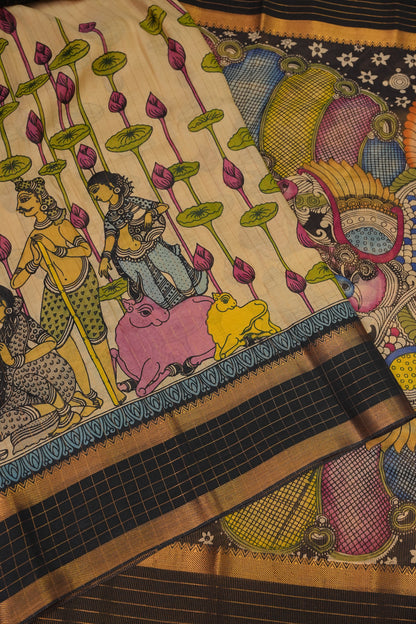 Handpainted Pen Kalamkari Bangalore Silk Saree – Beige & Black