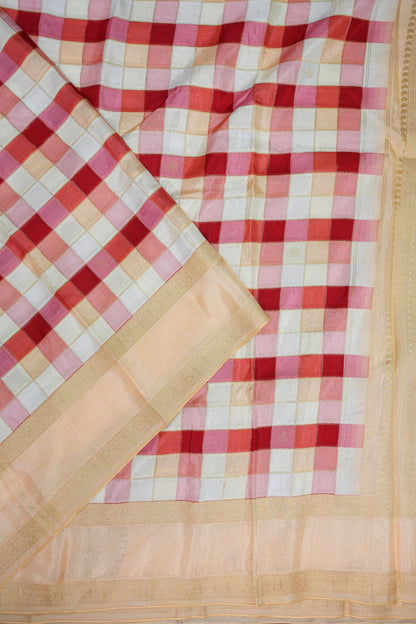 Munga Crepe Silk Saree – Multicolour Checks with Champagne Gold Zari Pallu