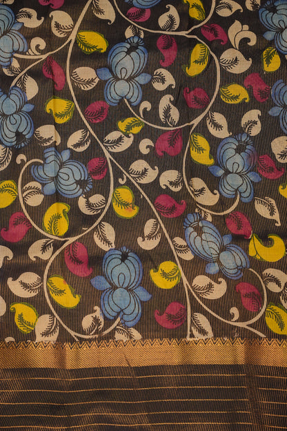 Handpainted Pen Kalamkari Bangalore Silk Saree – Beige & Black