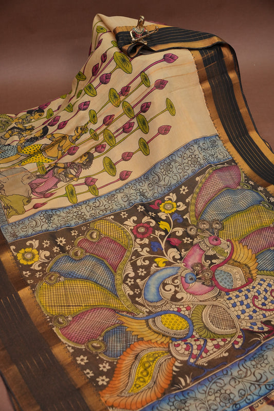 Handpainted Pen Kalamkari Bangalore Silk Saree – Beige & Black