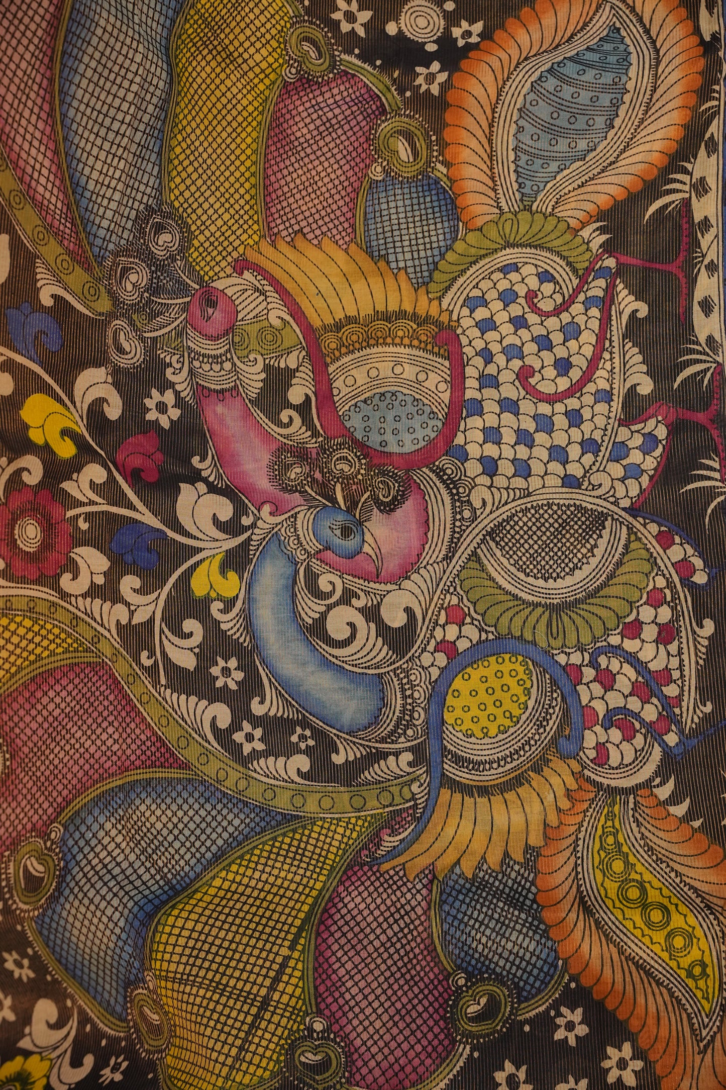 Handpainted Pen Kalamkari Bangalore Silk Saree – Beige & Black