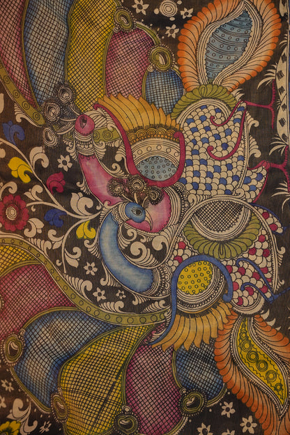 Handpainted Pen Kalamkari Bangalore Silk Saree – Beige & Black