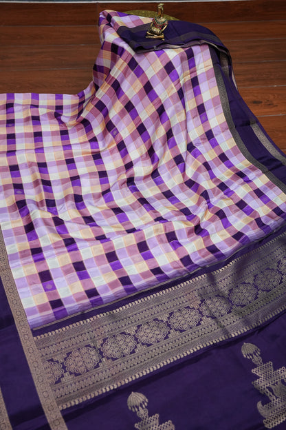 Munga Crepe Silk Saree – Purple Multicolour Checks with Deep Violet Zari Pallu