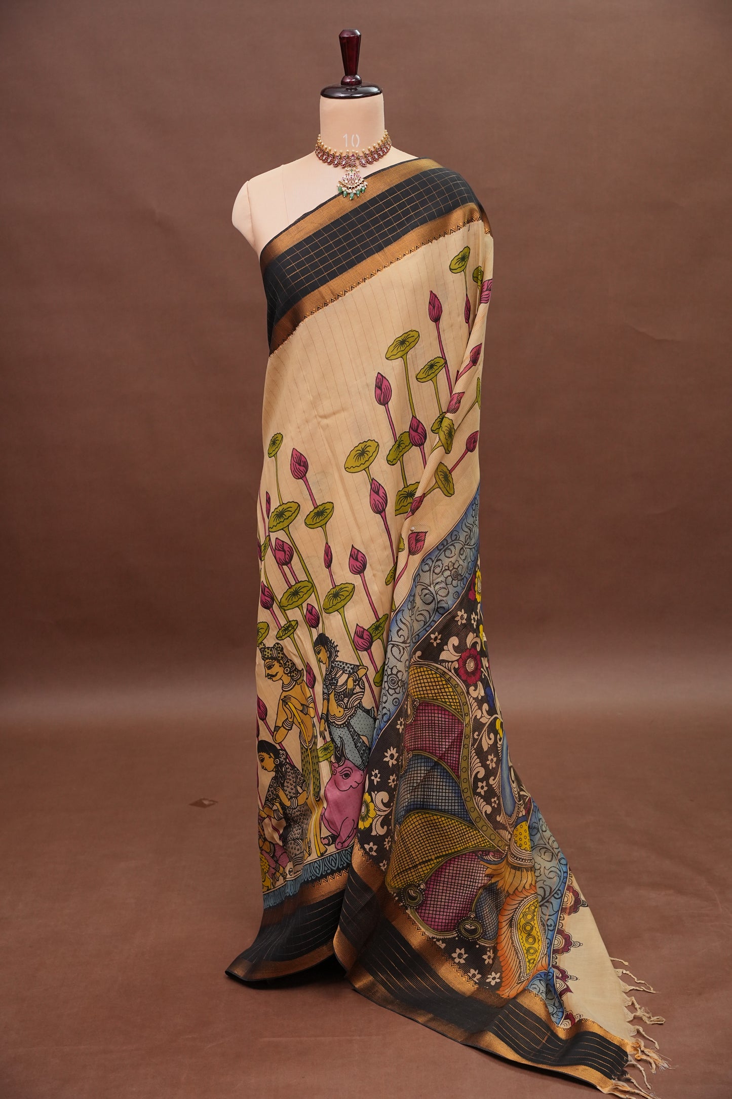 Handpainted Pen Kalamkari Bangalore Silk Saree – Beige & Black