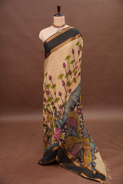 Handpainted Pen Kalamkari Bangalore Silk Saree – Beige & Black